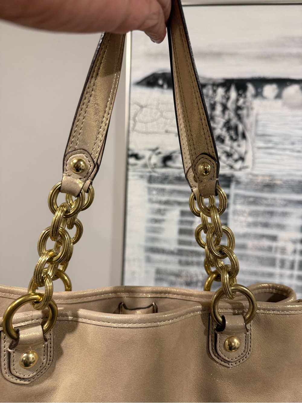 Coach Shimmery Champagne Leather Shoulder Bag with Gold Chain Straps - Picture 8 of 11